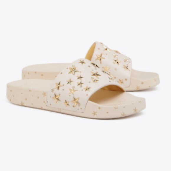 Tory Burch NIB Nappa Leather Gold Star Slides Embellished Sandals - Picture 1 of 10